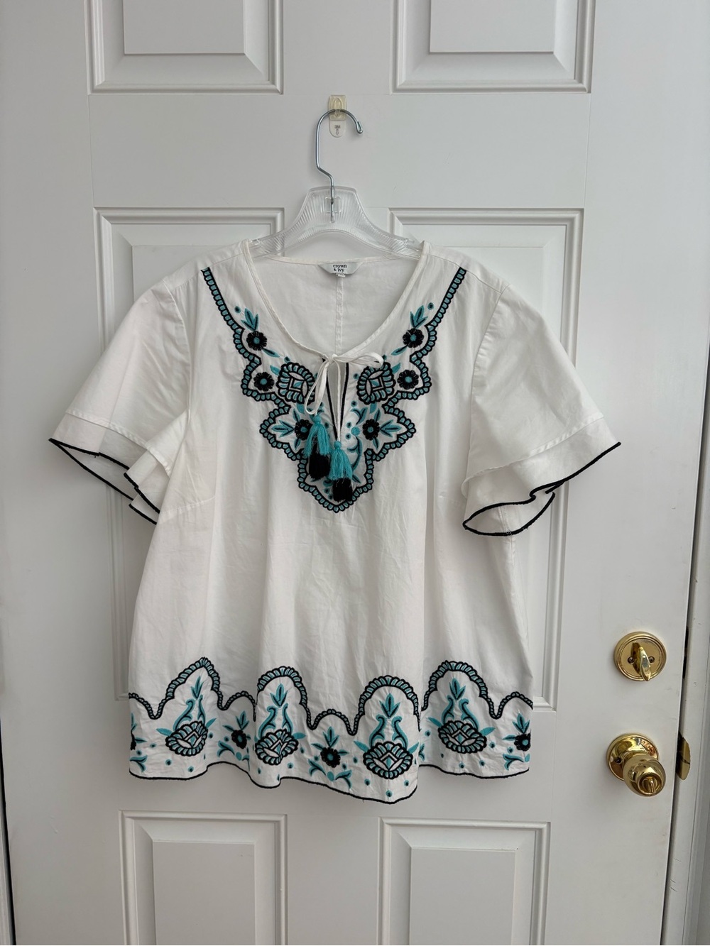 crown & ivy White Blouse with Teal and Black Embroidery